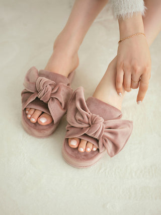 Velor Ribbon Slippers in Pink, Women's Lounge Room Slippers, Bedroom Slippers, Indoor Slippers at Gelato Pique USA