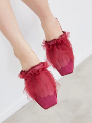 Strawberry Tulle Cozy Bedroom Slip-On Shoes with red tulle overlay and soft fabric, designed for indoor comfort and elegance.