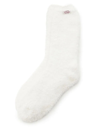 White Feather Fuzzy Sock made from soft, feather-textured fabric, offering warmth and style; ideal for lounging or wearing in boots.