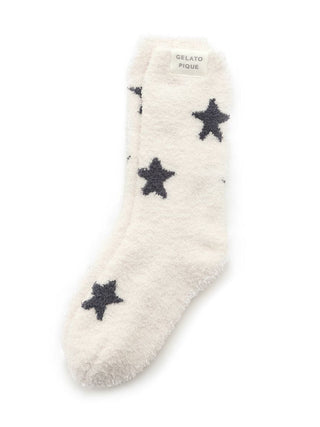 Premium white fuzzy socks with black star pattern by Gelato Pique USA, ideal for cozy loungewear and sleepwear.