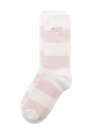 Smoothie 2-Border Fuzzy Socks with pink and white stripes, ultra-soft and cozy for lounging, by Gelato Pique USA.