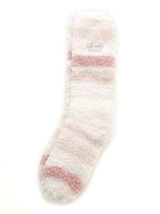 Soft pink gelato pique fuzzy sock with gradient border, perfect gift for chilly season. Features logo embroidery for stylish touch.