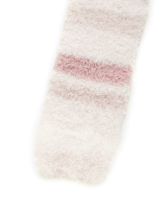 Fluffy pink Gelato Random Border Leg Warmers, featuring gradient stripes and logo embroidery. Cozy knit ideal for cold weather.