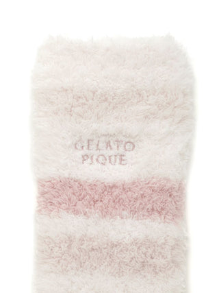 Soft pink Gelato Pique Random Border Leg Warmers with fluffy knit texture, featuring logo embroidery and gradient-like design.