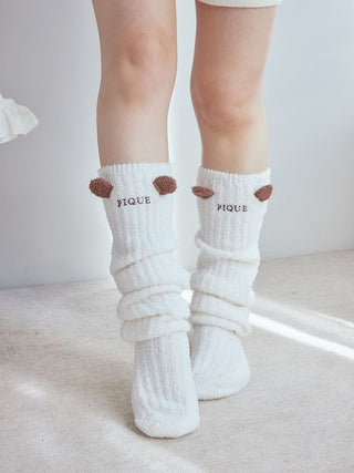 Off-white Panda Long Fuzzy Socks with round ears by Gelato Pique USA, premium loungewear and sleepwear, featuring PIQUE embroidery.