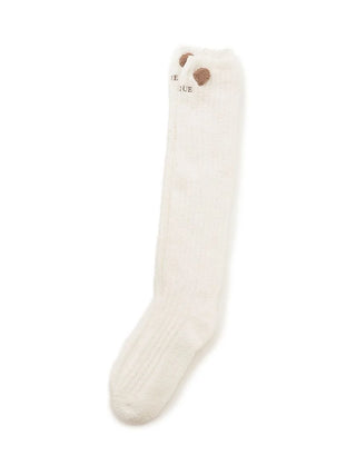 Off-white long fuzzy socks with panda ears, Premium Loungewear by Gelato Pique USA, ideal for sleepwear and styling with shorts or dresses.