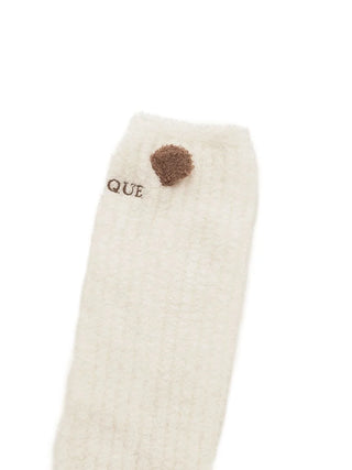 Off-white fuzzy long socks with brown panda ears, Gelato Pique USA, premium loungewear, sleepwear, PIQUE embroidery.