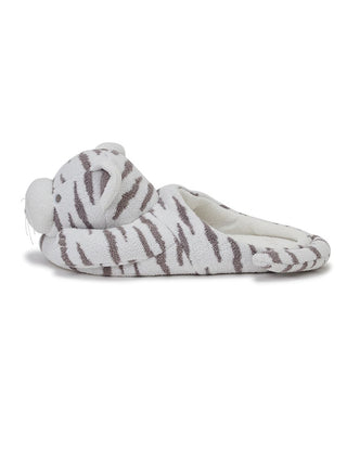 White tiger house slippers by Gelato Pique USA, featuring 3D design, fluffy knit, and round eyes. Premium loungewear and sleepwear.