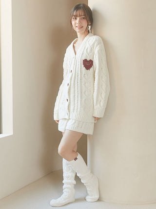 Model wearing Heart Aran Long Socks and matching cardigan, showcasing cozy winter loungewear by Gelato Pique USA.