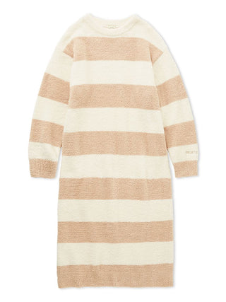 Powder Two Border Lounge Dress by Gelato Pique USA, beige and white striped, soft knit fabric, long-sleeve cozy dress.