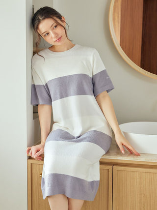 Woman wearing Durable Smoothie Border Lounge Dress by Gelato Pique USA, showcasing premium loungewear with classic comfort and style.