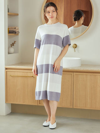 Woman wearing Durable Smoothie Border Lounge Dress by Gelato Pique USA, showcasing premium loungewear with soft, breathable fabric.