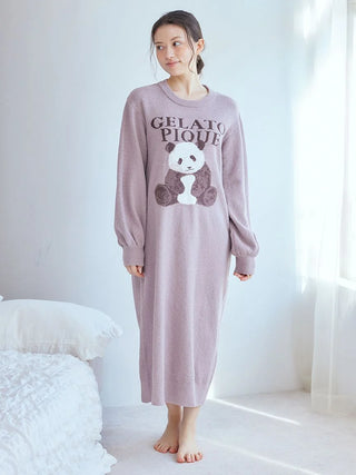 Woman wearing pink Panda Jacquard Dress by Gelato Pique USA, featuring a panda design with girlish silhouette and rounded sleeves, premium loungewear.