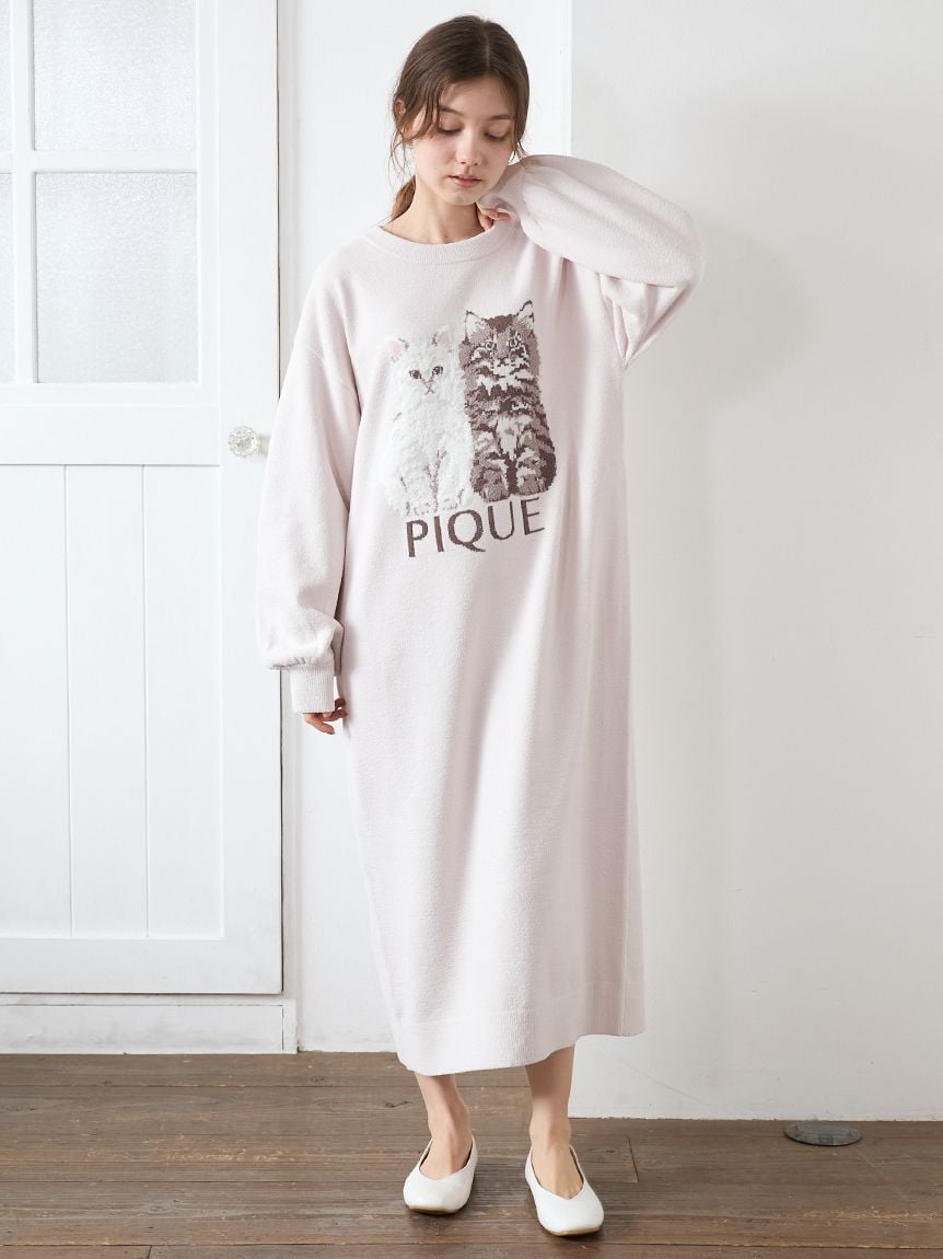 Airy Moco Twin Cats Jacquard Dress