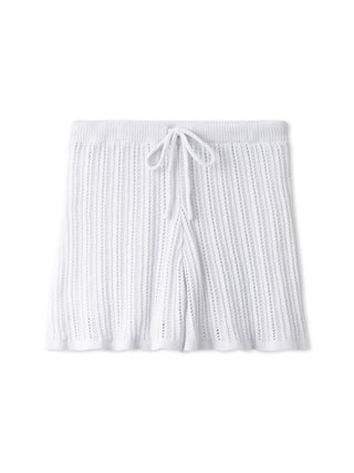 White crochet shorts with vertical ribbing from Gelato Pique, featuring a drawstring waist for comfort and style.