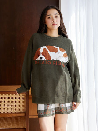 Woman wearing Gelato Pique checkered lounge shorts and a green sweater with a dog design, standing indoors.