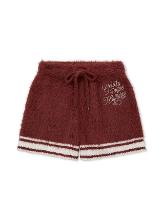 Cozy Feather Lounge Shorts in festive maroon with white stripes and stylish script embroidery, perfect for holiday comfort and style.