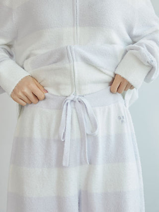 White and gray striped lounge shorts from Gelato Pique USA in premium knit fabric with hip pockets, ideal for comfortable sleepwear.