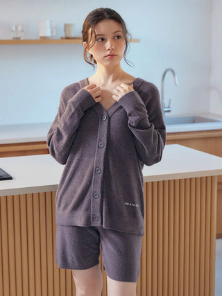 Woman wearing Gelato Pique USA Smoothie Lite Lounge Shorts and cardigan, premium loungewear, perfect for spring and summer.