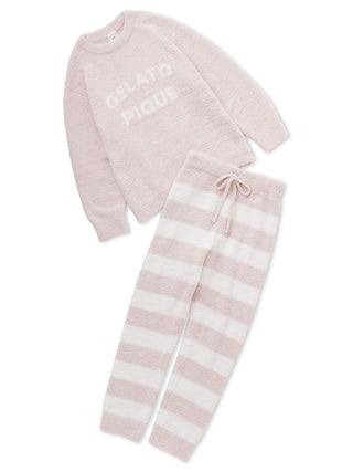 Powder Logo Pullover & Striped Long Pants Loungewear Set in pink, Women's Loungewear Set at Gelato Pique USA.