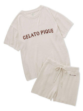 Smoothy Logo Jacquard Drop Tee & Ribbed Shorts Loungewear Set in beige, Women's Loungewear Set at Gelato Pique USA.
