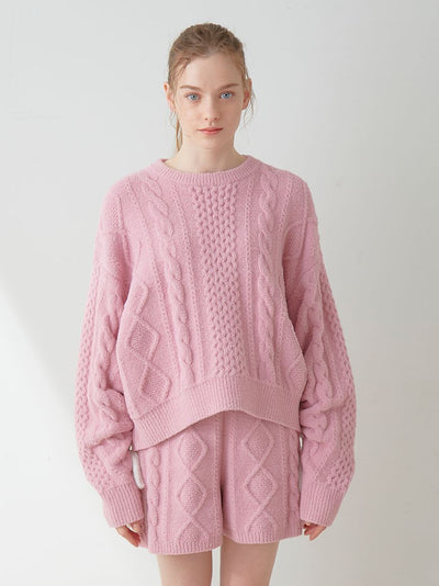 [Sweet] Aran Cable Knit Pullover Sweater with Cozy Oversized Fit gelato pique