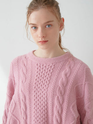 [Sweet] Aran Cable Knit Pullover Sweater with Cozy Oversized Fit in Pink, Women's Pullover Sweaters at Gelato Pique USA.