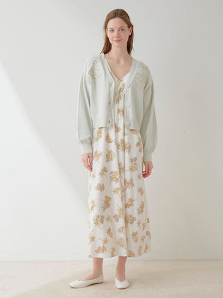 Mucha Flower Embroidery Cropped Cardigan in ivory, Comfy and Luxury Women's Loungewear Cardigan at Gelato Pique USA.