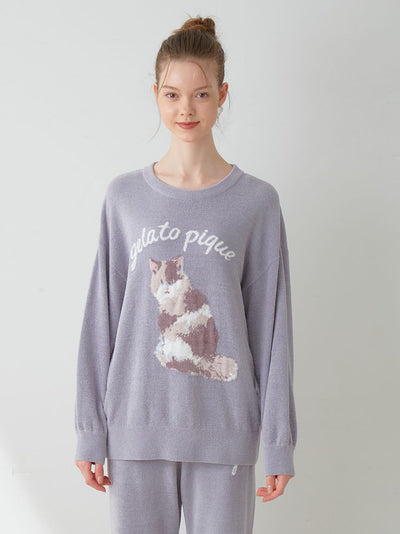 Cat Jacquard Pullover Sweater gelato pique