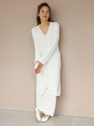 Long Ribbed Knit Button-Up Cardigan gelato pique