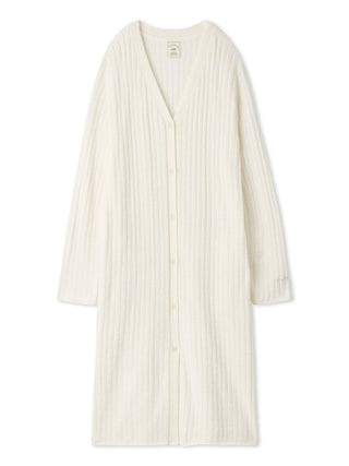 Long ribbed knit button-up cardigan with soft fabric and flattering long-line silhouette, perfect for cozy, elegant loungewear.