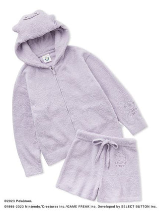 Pokémon Sleep Baby Moco Ditto Hoodie and Shorts Set in lavender, featuring soft fabric and a comfortable design for casual wear.