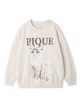 CAT Jacquard Long Sleeve Sweatshirt in BEIGE, Women's Pullover Sweaters at Gelato Pique USA.