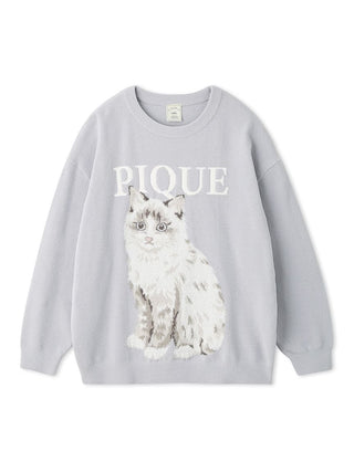 CAT Jacquard Long Sleeve Sweatshirt in BLUE, Women's Pullover Sweaters at Gelato Pique USA.