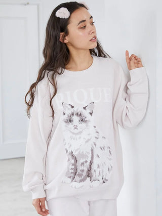 CAT Jacquard Long Sleeve Sweatshirt in PINK, Women's Pullover Sweaters at Gelato Pique USA.