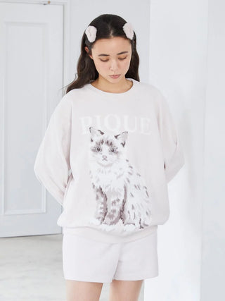 CAT Jacquard Long Sleeve Sweatshirt in PINK, Women's Pullover Sweaters at Gelato Pique USA.