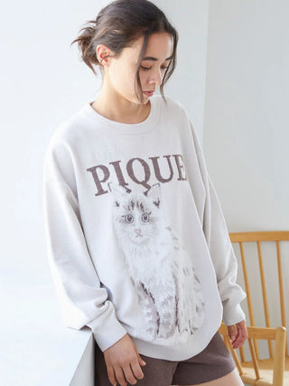 CAT Jacquard Long Sleeve Sweatshirt in BEIGE, Women's Pullover Sweaters at Gelato Pique USA.