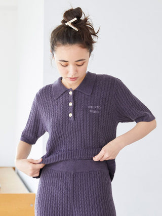 Smoothie Aran Knit Polo Shirt in Navy, Women's Loungewear Shirt Sleepwear Shirt, Lounge Set at Gelato Pique USA