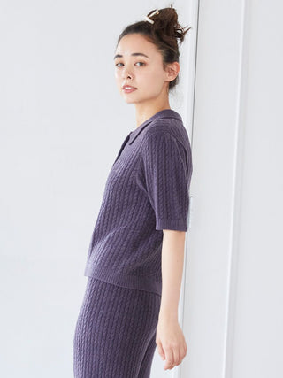 Smoothie Aran Knit Polo Shirt in Navy, Women's Loungewear Shirt Sleepwear Shirt, Lounge Set at Gelato Pique USA