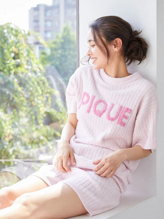 Logo Jacquard Ribbed Knit Loungewear Set in PINK, Women's Loungewear Set at Gelato Pique USA