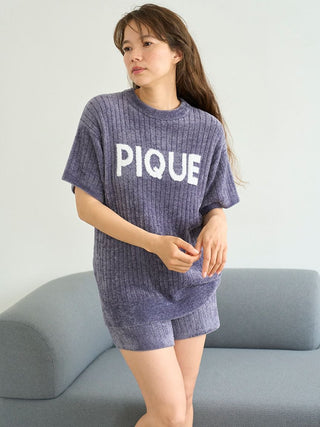 Logo Jacquard Ribbed Knit Loungewear Set in NAVY, Women's Loungewear Set at Gelato Pique USA