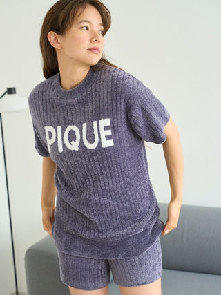 Logo Jacquard Ribbed Knit Loungewear Set in NAVY, Women's Loungewear Set at Gelato Pique USA