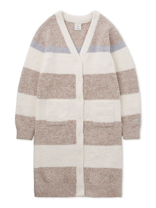 Powder Melange Striped Long Cardigan in beige, grey, and white, showcasing plush fabric and cozy, elegant design.