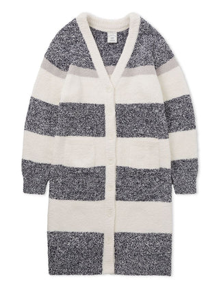 Powder Melange Striped Long Cardigan in beige, grey, and white, plush fuzzy fabric, ideal for cozy elegance and versatile style.