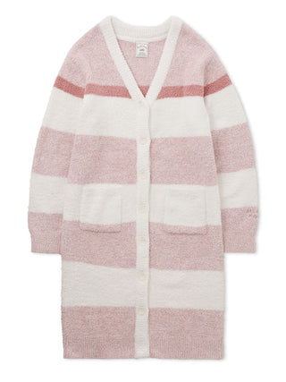 Powder melange striped long cardigan in beige, grey, and white tones, made of plush, fuzzy fabric for cozy elegance.