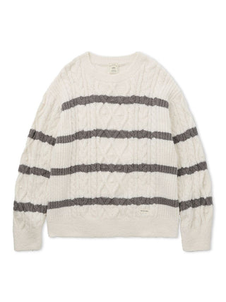 Baby Moco Aran Pullover Sweater with cable knit pattern and gray stripes, made from soft Baby Moco fabric for lightweight warmth.