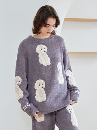 Woman wearing cozy Toy Poodle Pullover Sweater in plush moco fabric with jacquard poodle motifs by Gelato Pique.