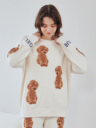 Woman wearing a cozy Gelato Pique Toy Poodle Pullover Sweater with cute jacquard poodle designs on plush moco fabric.