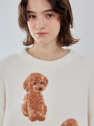 Model wearing cozy Toy Poodle Pullover Sweater with poodle motifs, crafted from plush moco fabric by Gelato Pique.