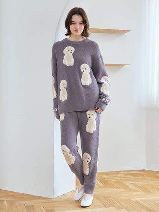 Model wearing Gelato Pique Toy Poodle Pullover Sweater with plush jacquard poodle motifs, emphasizing cozy charm and playful design.